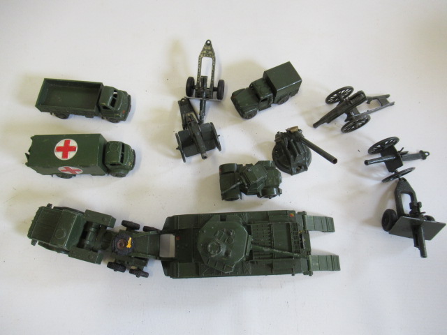 Playworn Dinky military vehicles including tank transporter and tank Image
