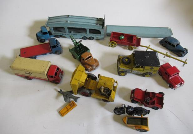 Playworn Dinky vehicles including car transporter Image