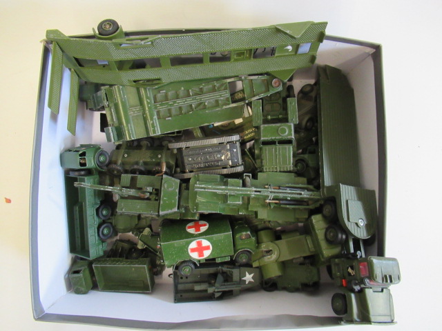 Playworn military vehicles by Dinky and others including tank transporter Image
