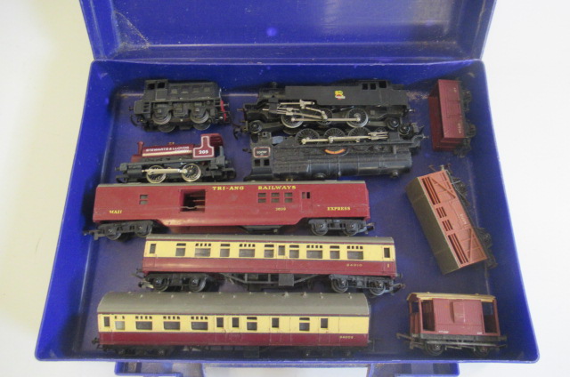 Playworn Trains by Triang and Hornby including 2-6-2 tank and 0-4-0 Dock Authority Diesel Image