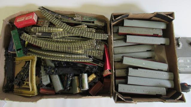 Playworn Hornby Dublo trains including sixteen T.P.O. coaches Image