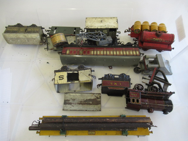 Playworn rolling stock by Hornby and others including No 2 L.M.S. coach Image
