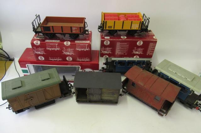 Eight plastic and wooden 45mm Narrow gauge goods wagons by L.G.B. Playmobile Image