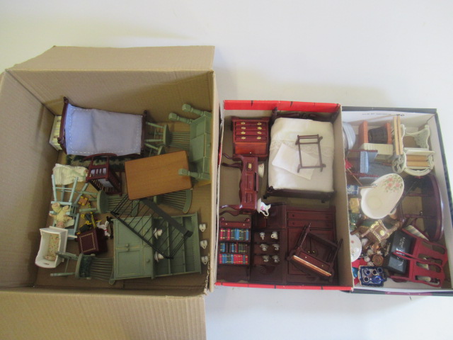 Three boxes of good quality doll's house furniture & accessories Image
