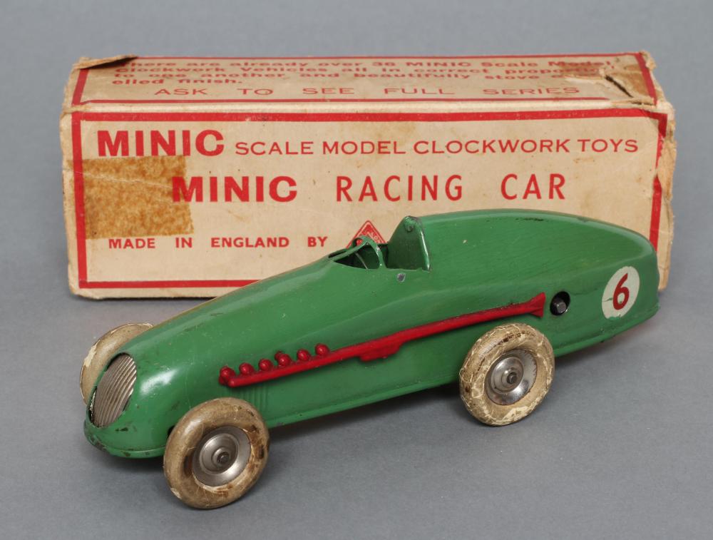 Pre-war Minic racing car in green with red plastic exhaust Image