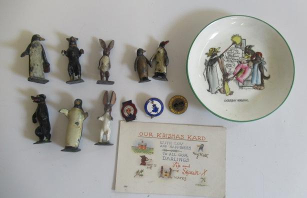 Pixyland Pip-Squeak and Wilfred characters and a rare Pip-Squeak plate and three club badges Image