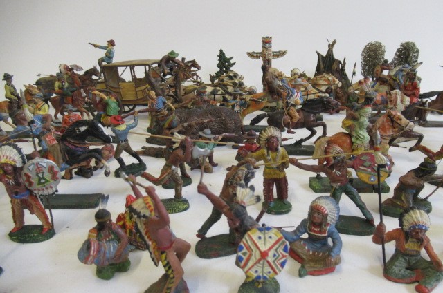 A large quantity of Elastolin North American cowboys and indians including stage coach Image