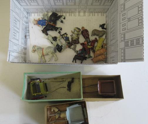 Britains farm wagons and figures including two field horses Image