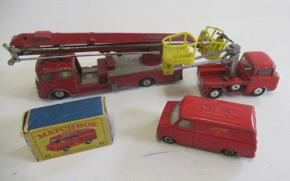 Unboxed diecast vehicles including Simon Snorkel fire engine and Matchbox 57 fire engine Image