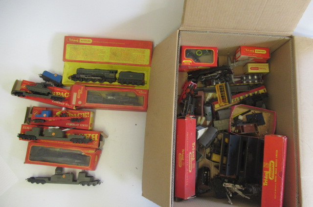 Playworn trains by Triang and Hornby including Flying Scotsman in B.R. green Image