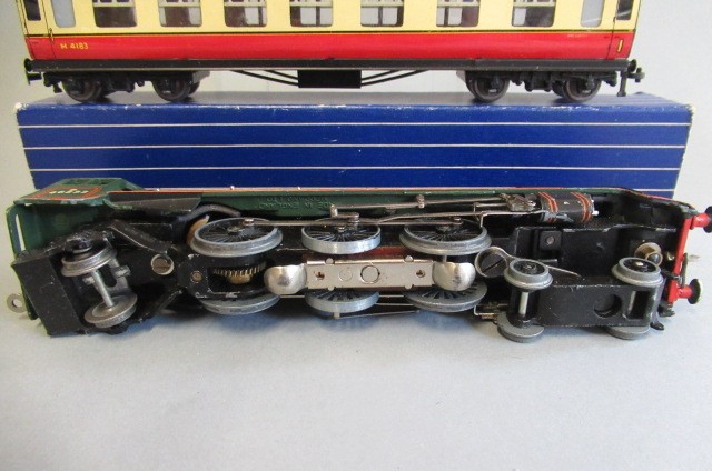 Hornby Dublo Duchess of Montrose in B.R. green (tender missing) and two D12 B.R. coaches (boxed) Image
