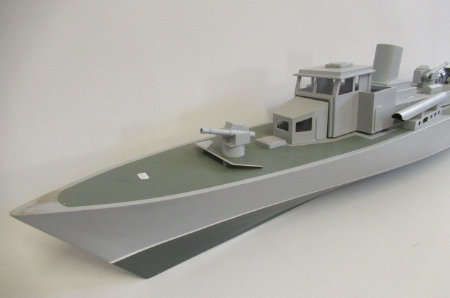 A radio controlled motor torpedo boat of wooden construction with two electric motors and R.C. Image