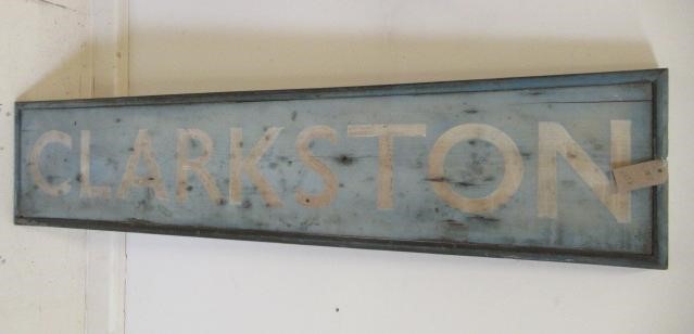 A wooden signal box board CLARKSTON from N.B./Caledonian Railway Lankard/Renfrew Image