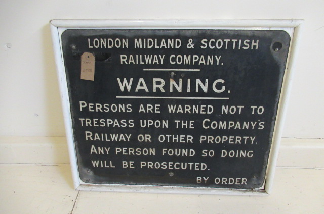A London Midland and Scottish Railway enamel Trespass warning notice white letters on black Image