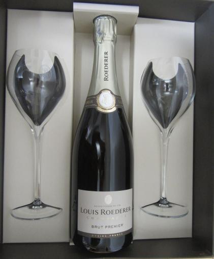 Two bottles NV Louis Roederer Brut Premier champagne each in presentation box with two goblets (Est. Image