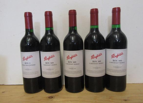 Four bottles 1999 Penfolds Bin 389 Cabernet Shiraz and one bottle 2001 Penfolds Bin 2 Shiraz Image