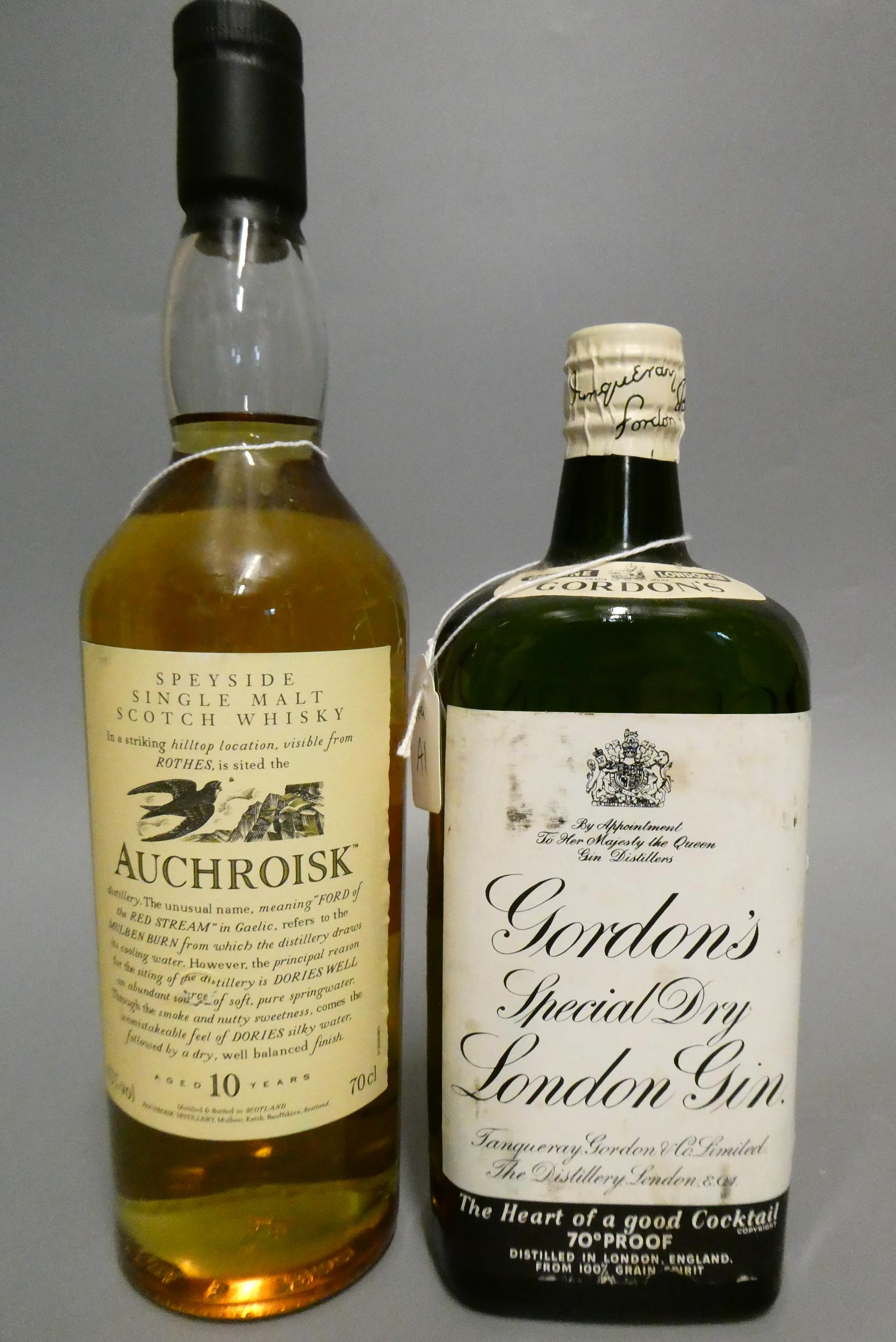 Two bottled spirits, comprising one 70cl Auchroisk 10yr old Speyside single malt whisky, 43%, and a Image