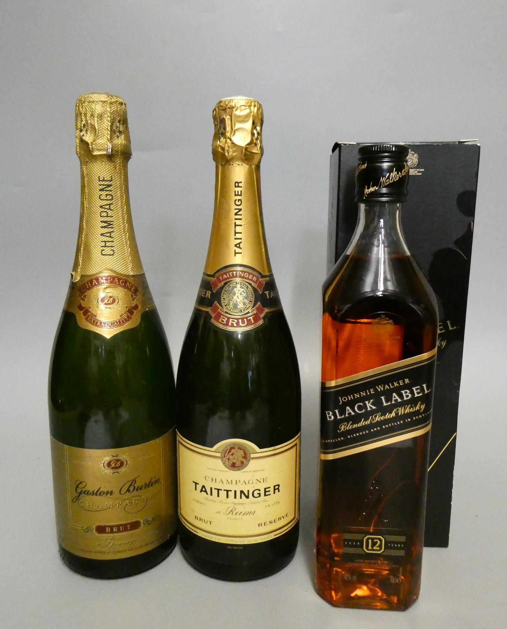 Two champagne & one whisky, comprising a Taittinger brut, a Gaston Burtin brut and a boxed 12yr old Image