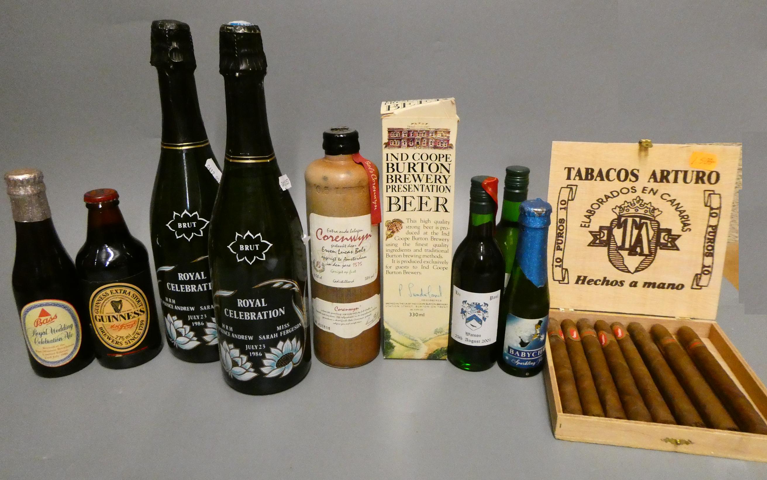 Mixed alcohol & cigars, comprising 8 Tabacos Arturo puros cigars, two Royal Celebration 1986 brut, Image