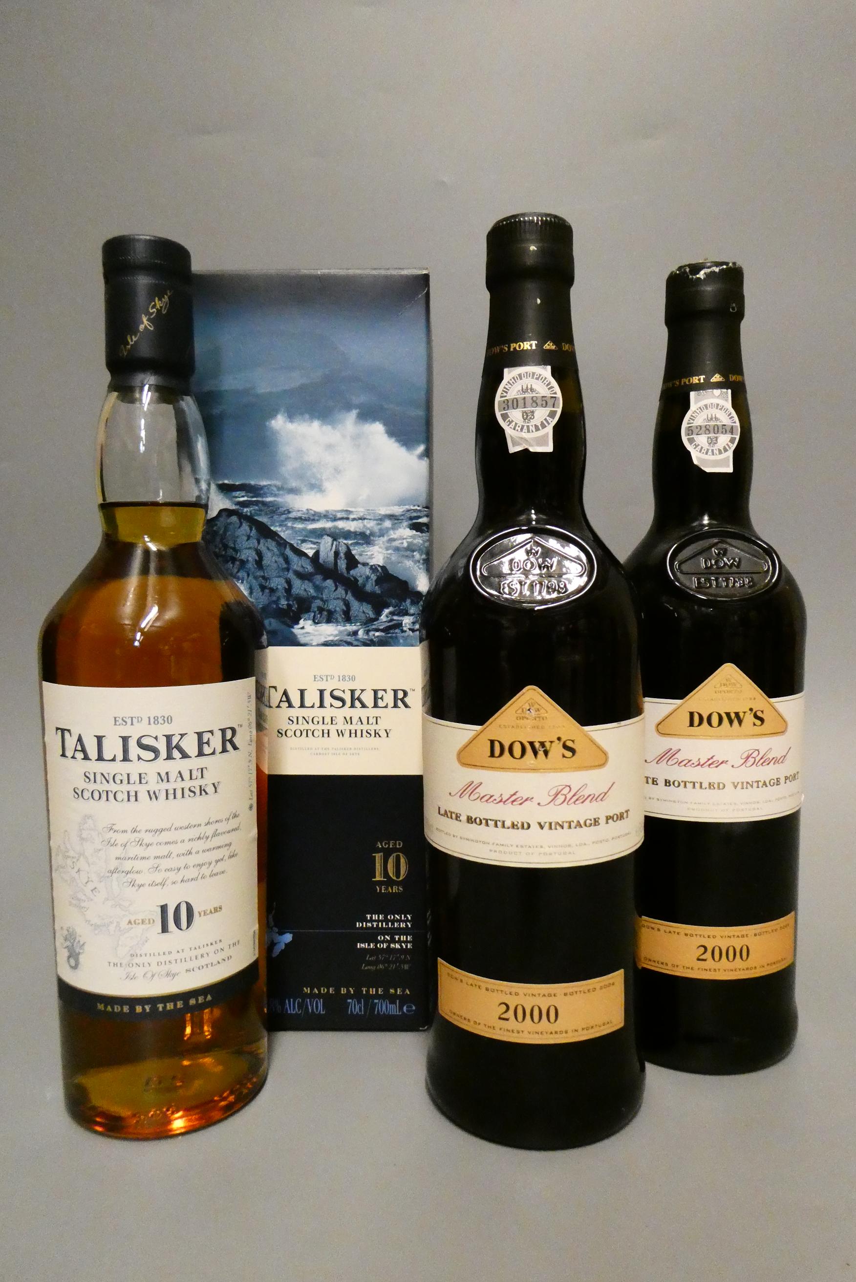 A boxed Talisker 10yr old single malt Scotch whisky, together with two Dow's Master Blend LBV 2000 Image