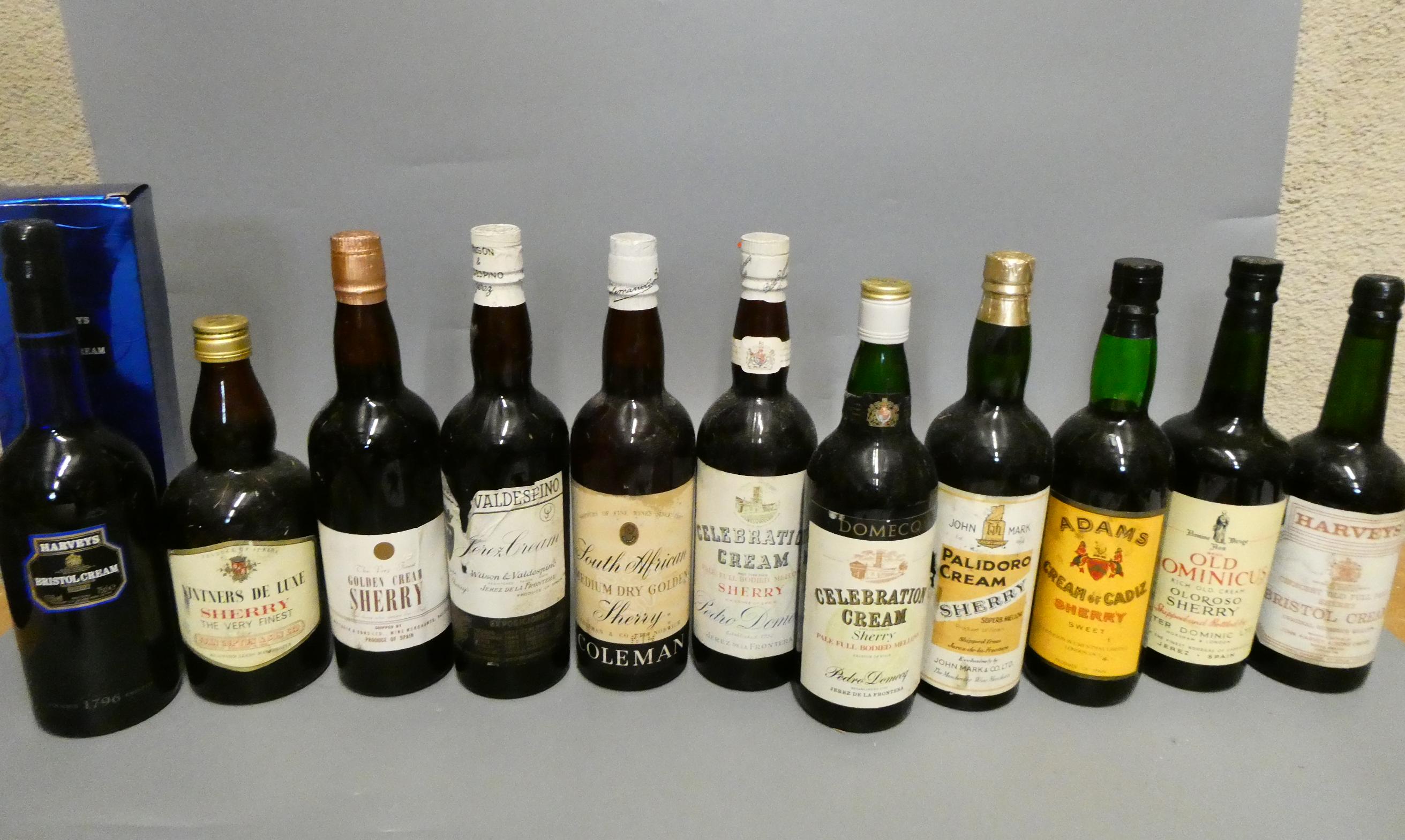 Eleven bottles of sherry, inlcuding Jerez Cream, South African medium dry, Pedro Domecq celebraion Image