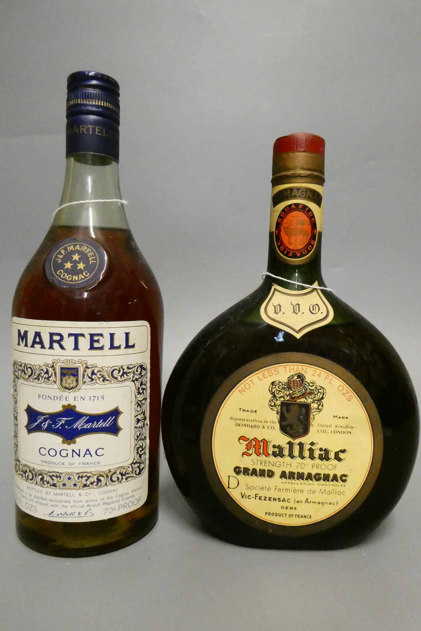 Malliac Grand Armagnac, and a Martell Three Star cognac, both 24 fl. oz. and 70° proof (2) (Est. Image