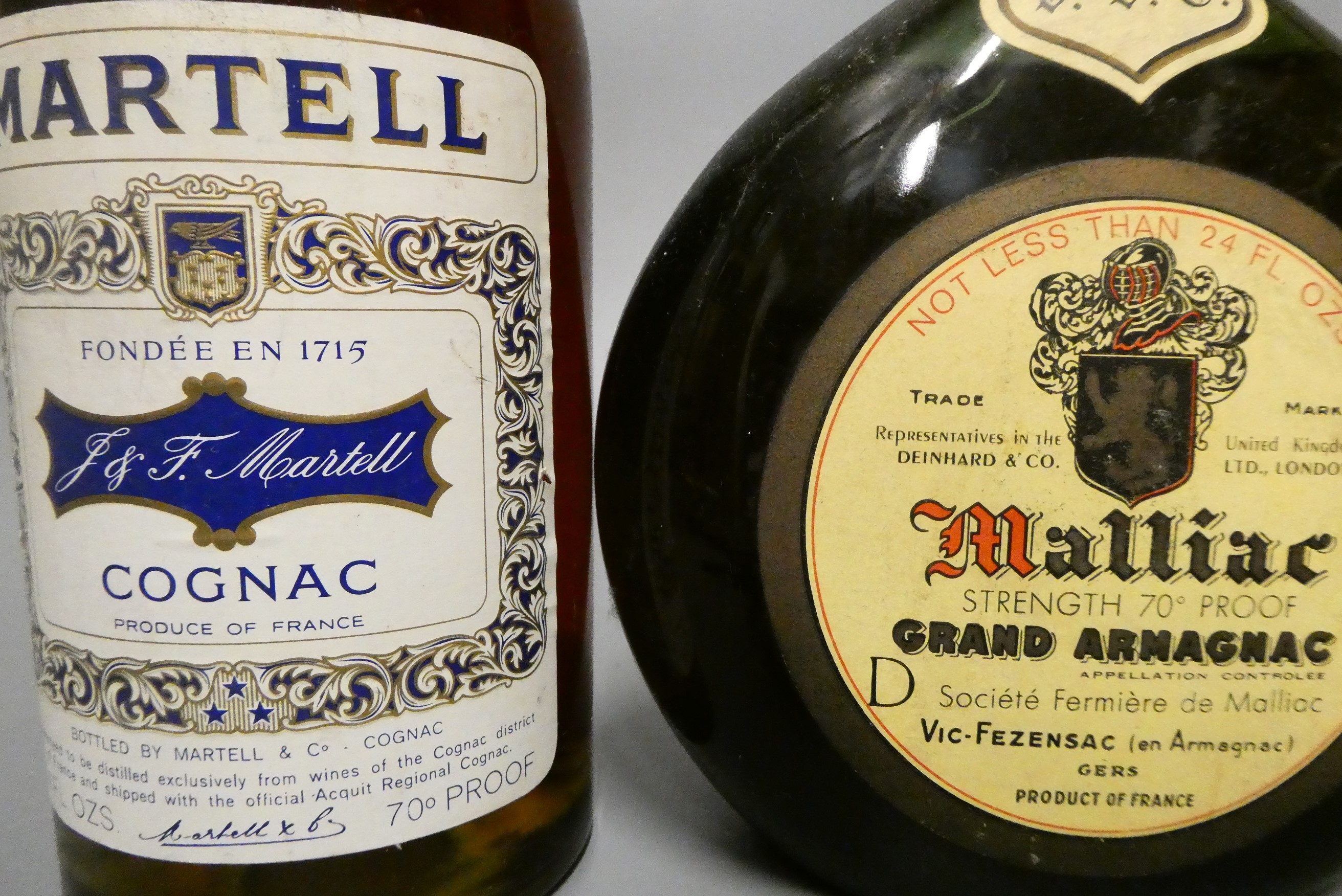Malliac Grand Armagnac, and a Martell Three Star cognac, both 24 fl. oz. and 70° proof (2) (Est. Image