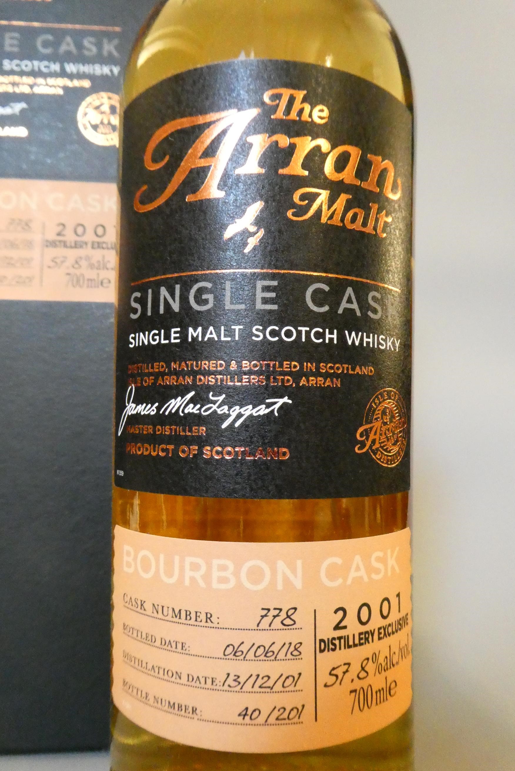 The Arran Malt single bourbon cask, 2001 distillery exclusive, cask number: 778, bottled 06/06/18, Image