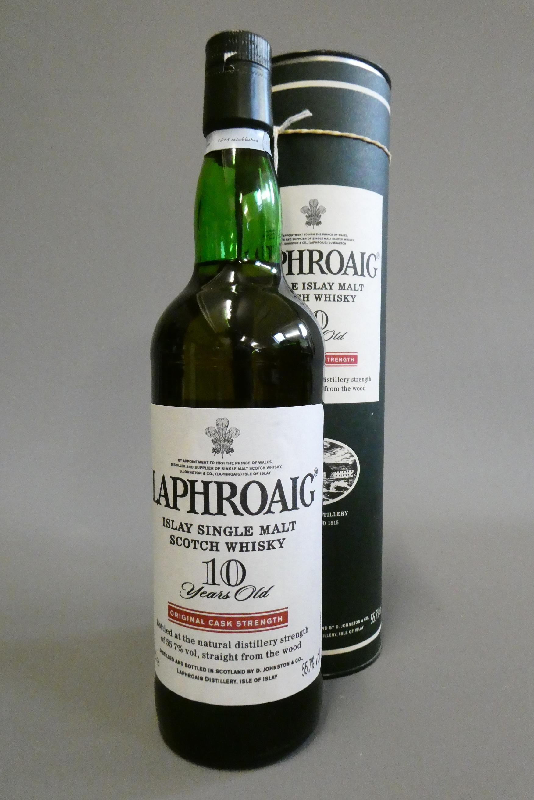 Laphroaig 10yr old Islay single malt Scotch whisky, original cask strength, 70cl, 55.7%, in tube Image