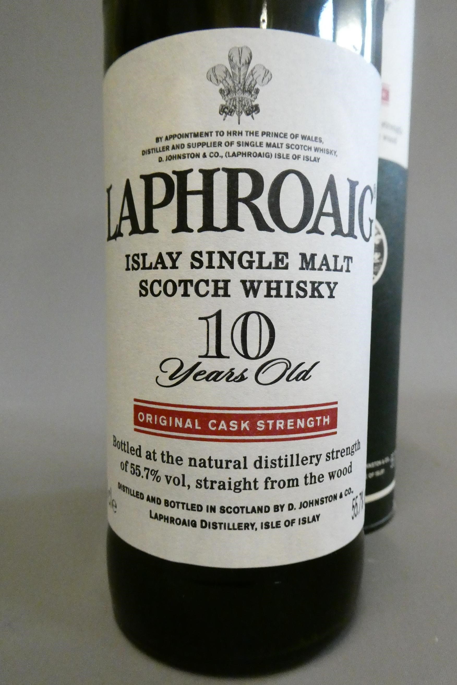 Laphroaig 10yr old Islay single malt Scotch whisky, original cask strength, 70cl, 55.7%, in tube Image