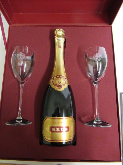 One bottle Krug Grande Cuvee Brut with two engraved Krug flutes in presentation box Image