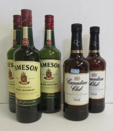 Three bottles Jameson Irish Whiskey and two bottles Canadian Club Whiskey (5)  Image
