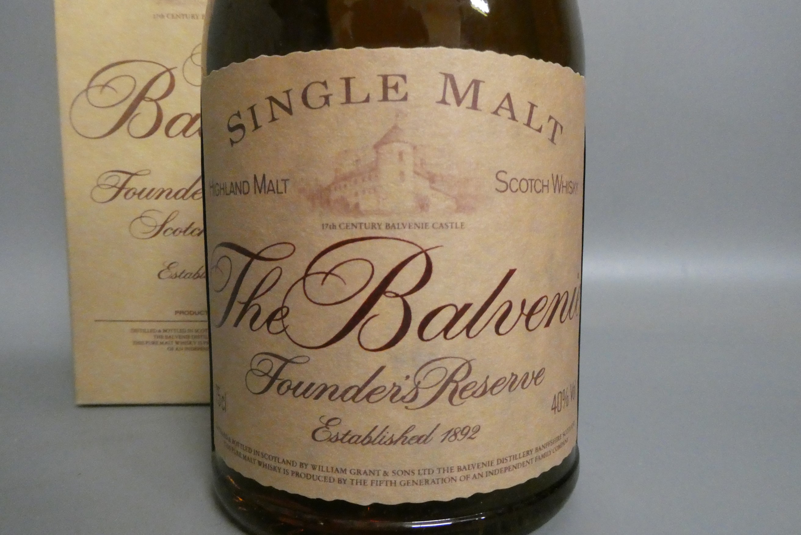 One bottle Balvenie 10yr old single malt founder's reserve, cognac bottle, boxed, 40%, 75cl (Est. Image