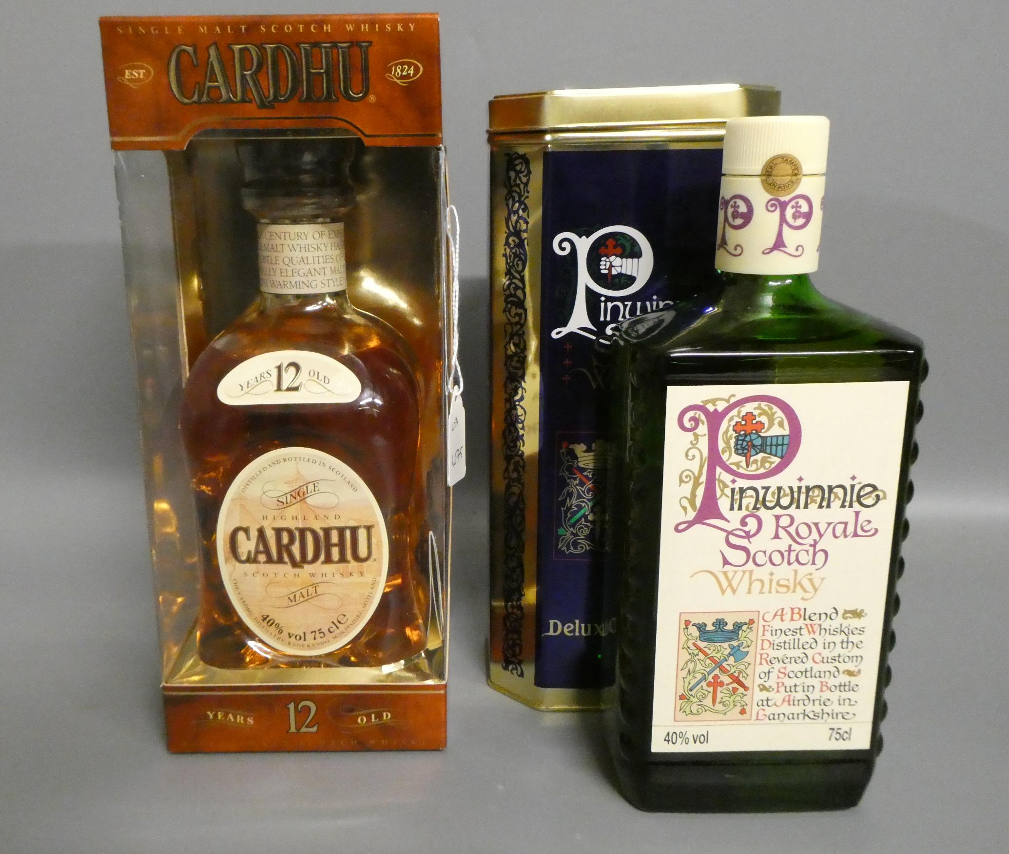 Two boxed bottles of Scotch whisky, comprising a 12yr old Cardhu and a Pinwinnie Royale Scotch Image