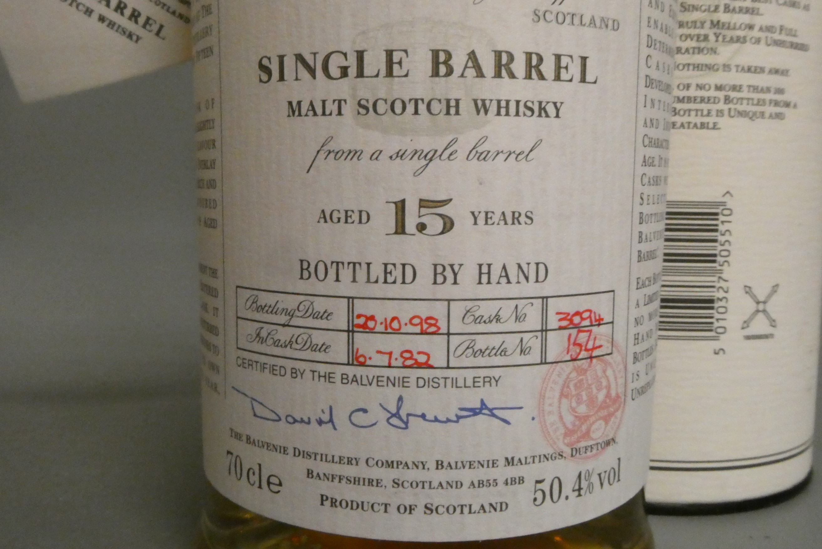 One bottle The Balvenie 15yr old single malt scotch whisky, Single Barrel, bottled 20/10/98, in cask Image