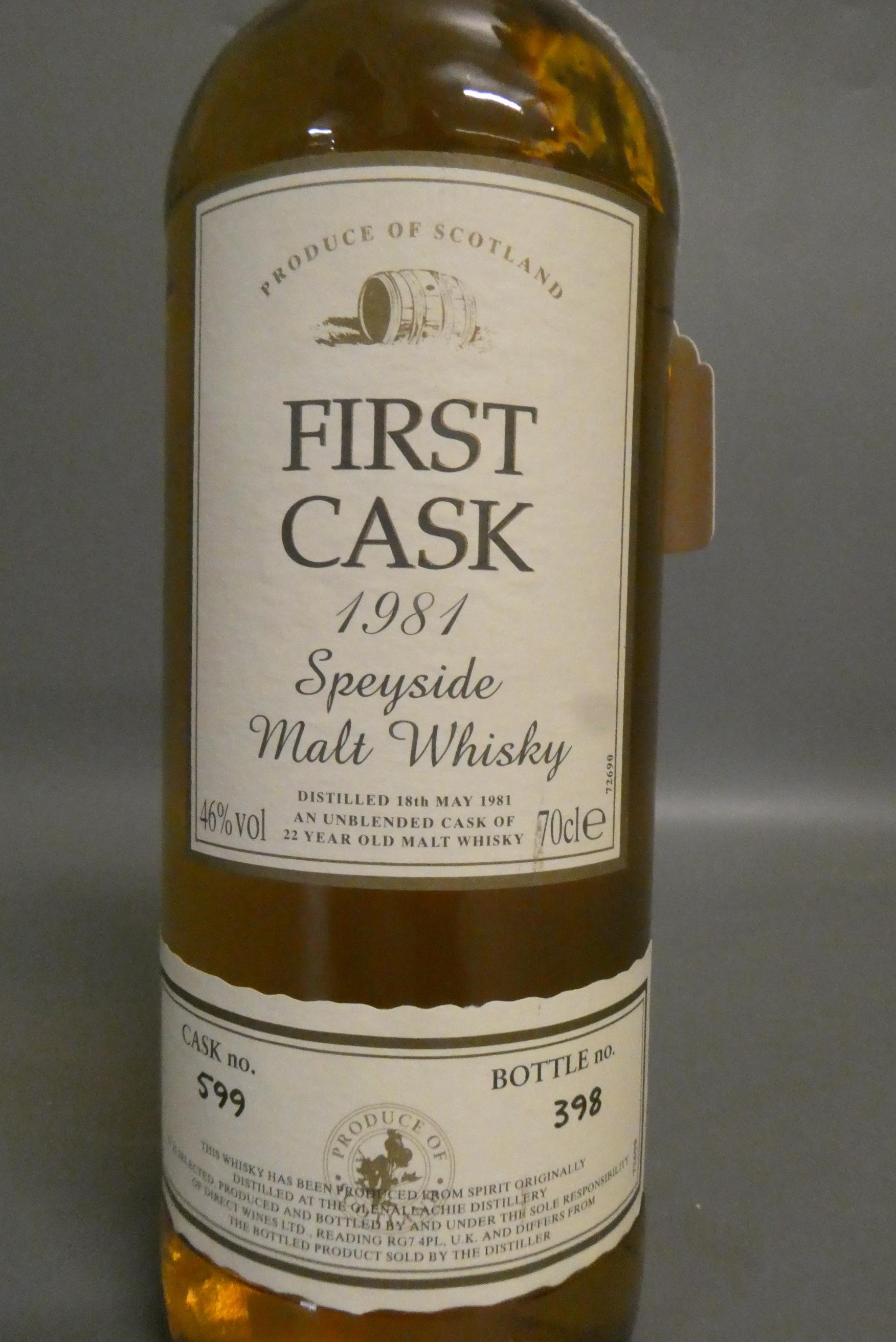 One bottle First Cask 1981 Speyside malt whisky, cask no. 599, bottle no. 398, 46%, 70cl (Est. plus Image