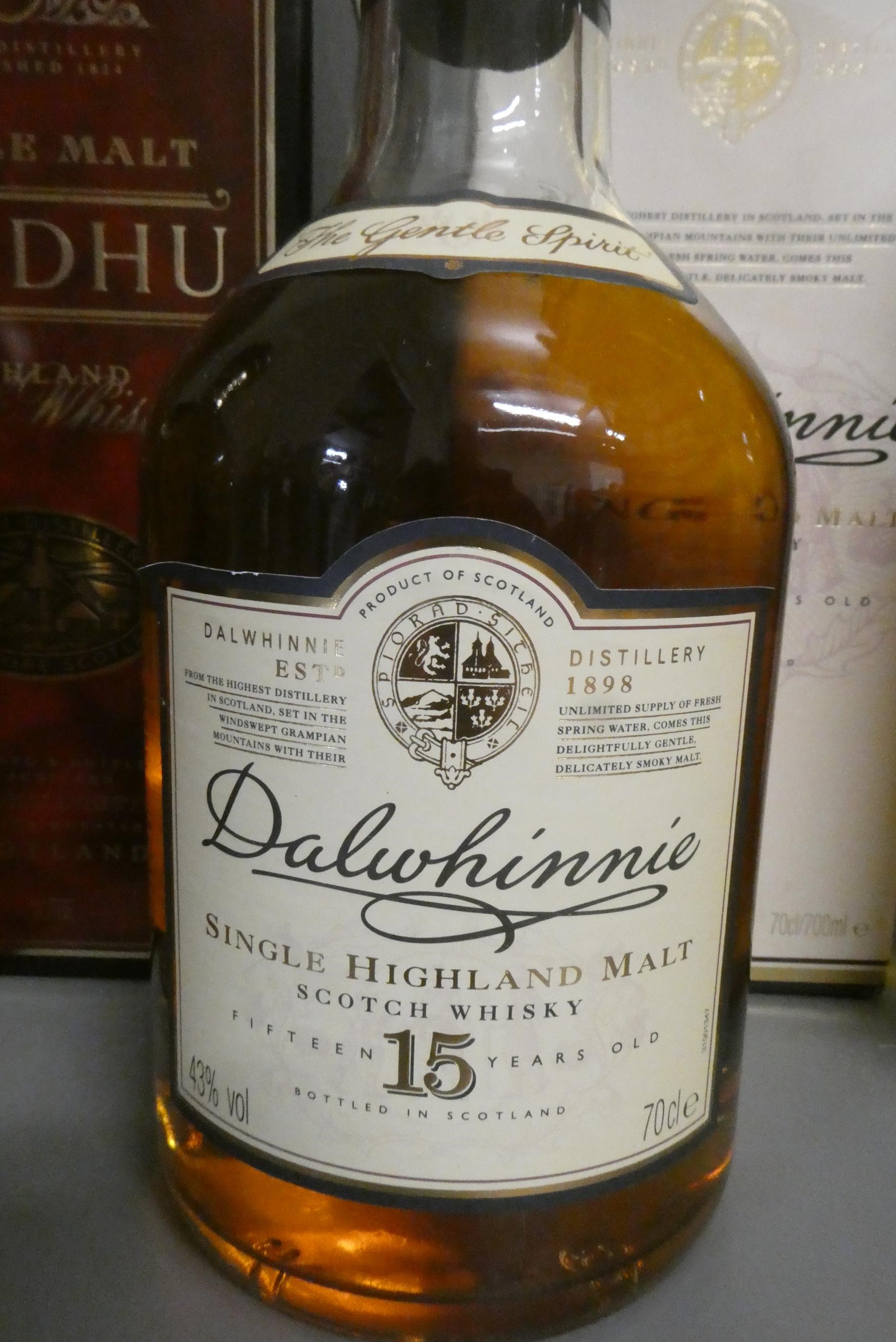 Three boxed bottles Scotch whisky, comprising a 70cl 15yr old Dalwhinnie 43%, a litre 12yr old Image