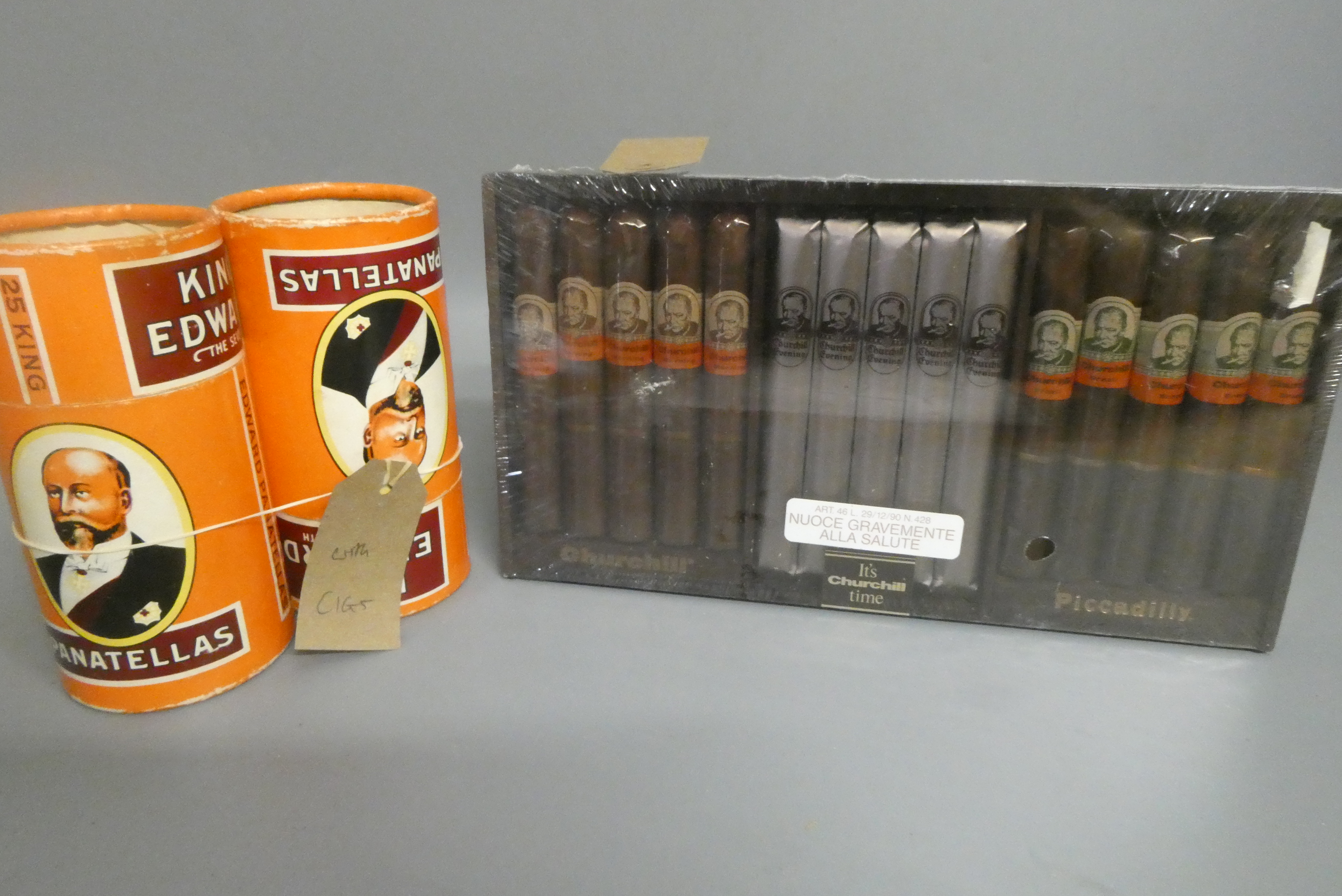 A box of fifteen "It's Churchill time" cigars, together with 38 King Edward Panatellas in two tubs Image