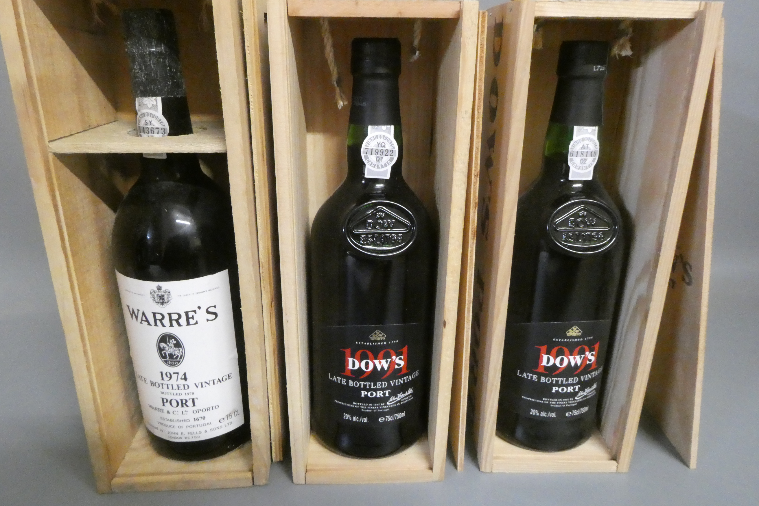 Three bottles of LBV port, comprising a 1974 Warre's and two 1991 Dow's, all boxed (Est. plus 24% Image
