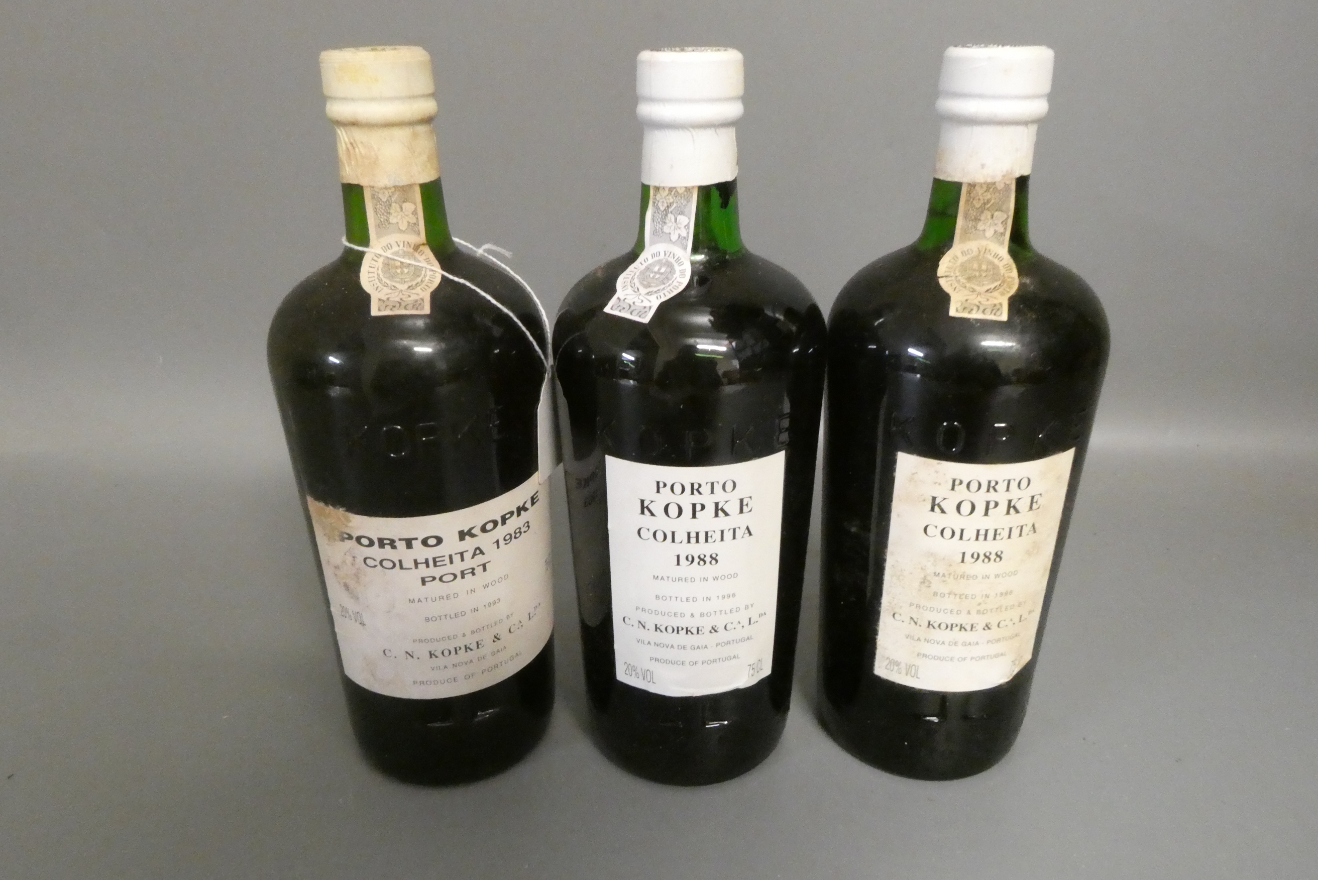 Three bottles Kopke vintage port, comprising a 1983 and two 1988 (Est. plus 24% premium inc. VAT) Image