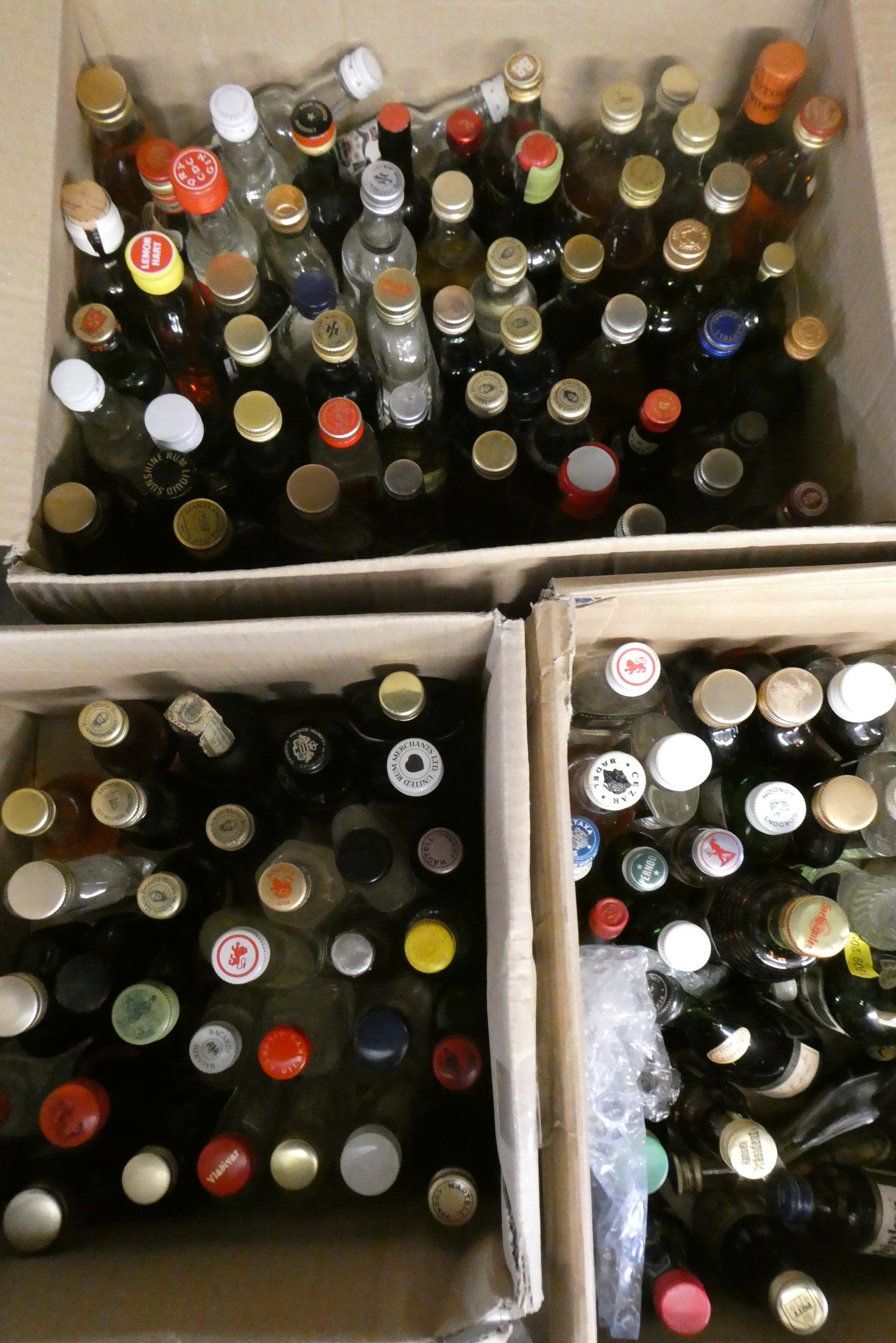 Three boxes of approximately 120 spirit and liqueur miniatures, including gin and cognac (Est. plus Image