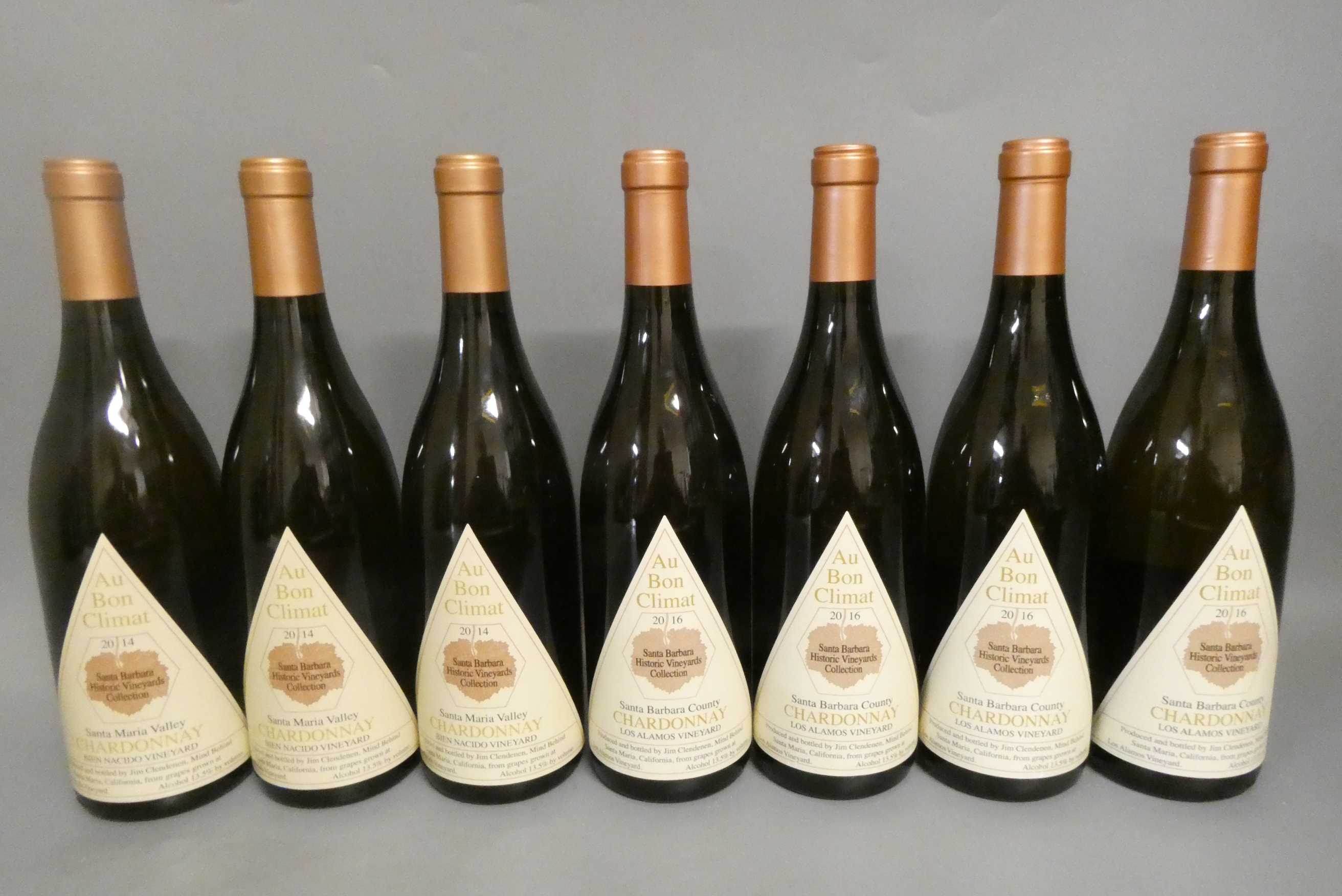 Seven bottles Au Bon Climat chardonnay, comprising four 2016 Los Almos and three 2014 Bien Nacido Image