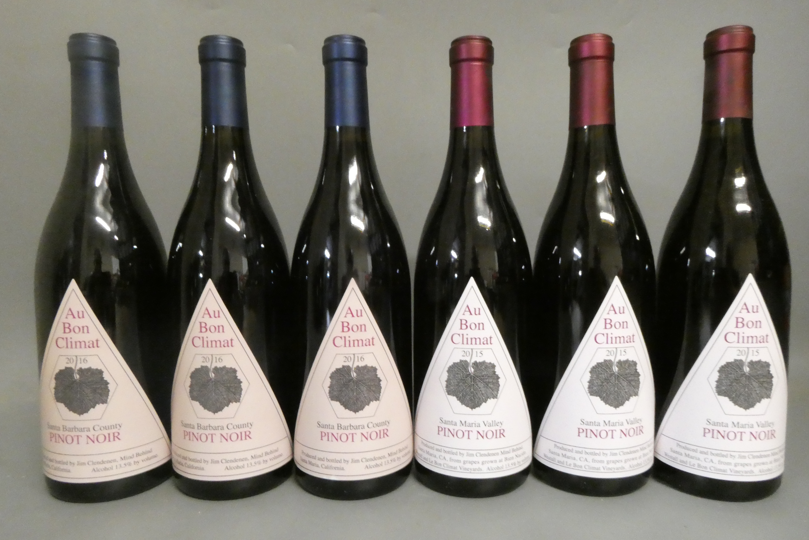 Six bottles Au Bon Climat pinot noir, comprising three 2015 Santa Maria Valley and three 2016 Santa Image