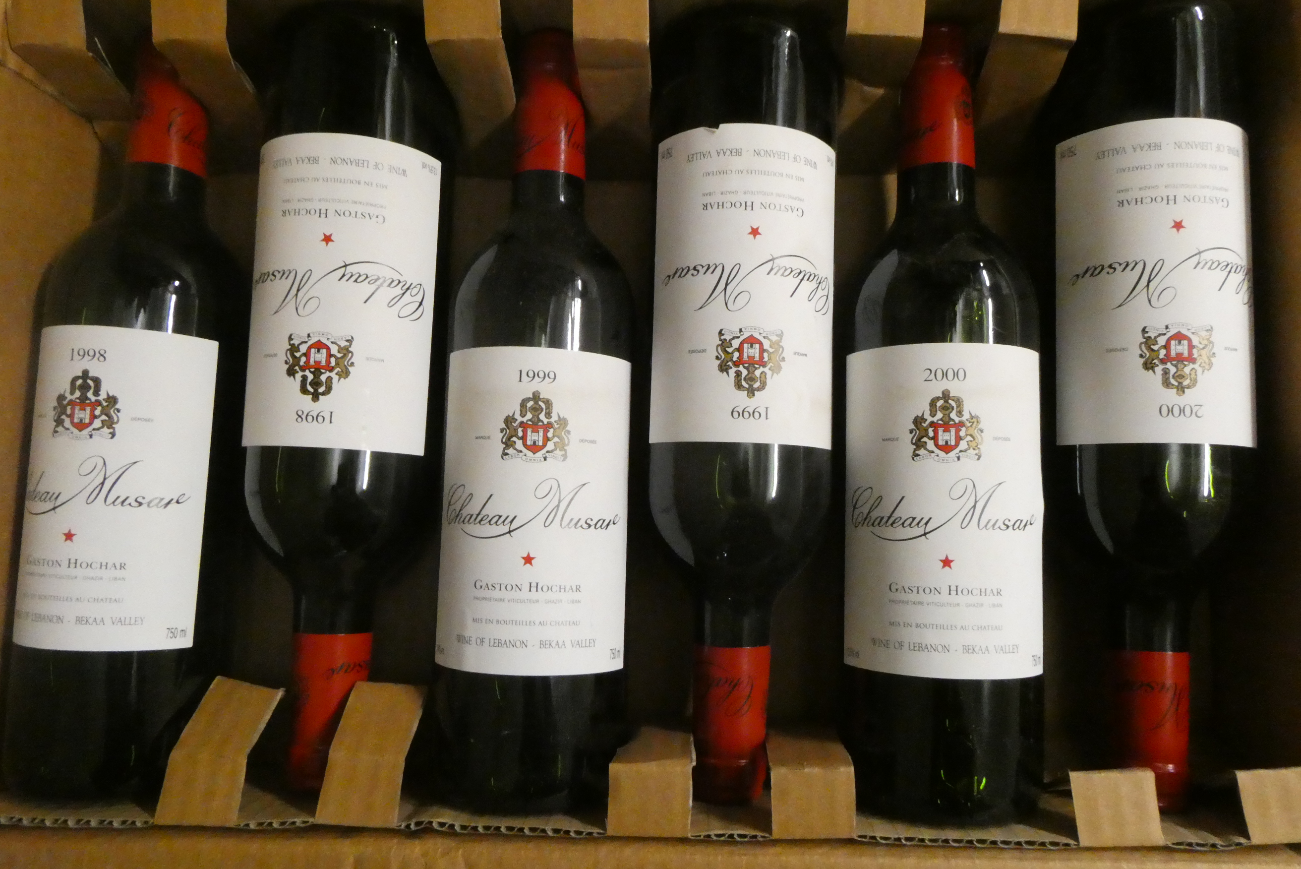 Six bottles Chateau Musar, comprising two 1998, two 1999 and two 2000, Gaston Hochar, 2000, OC (Est. Image