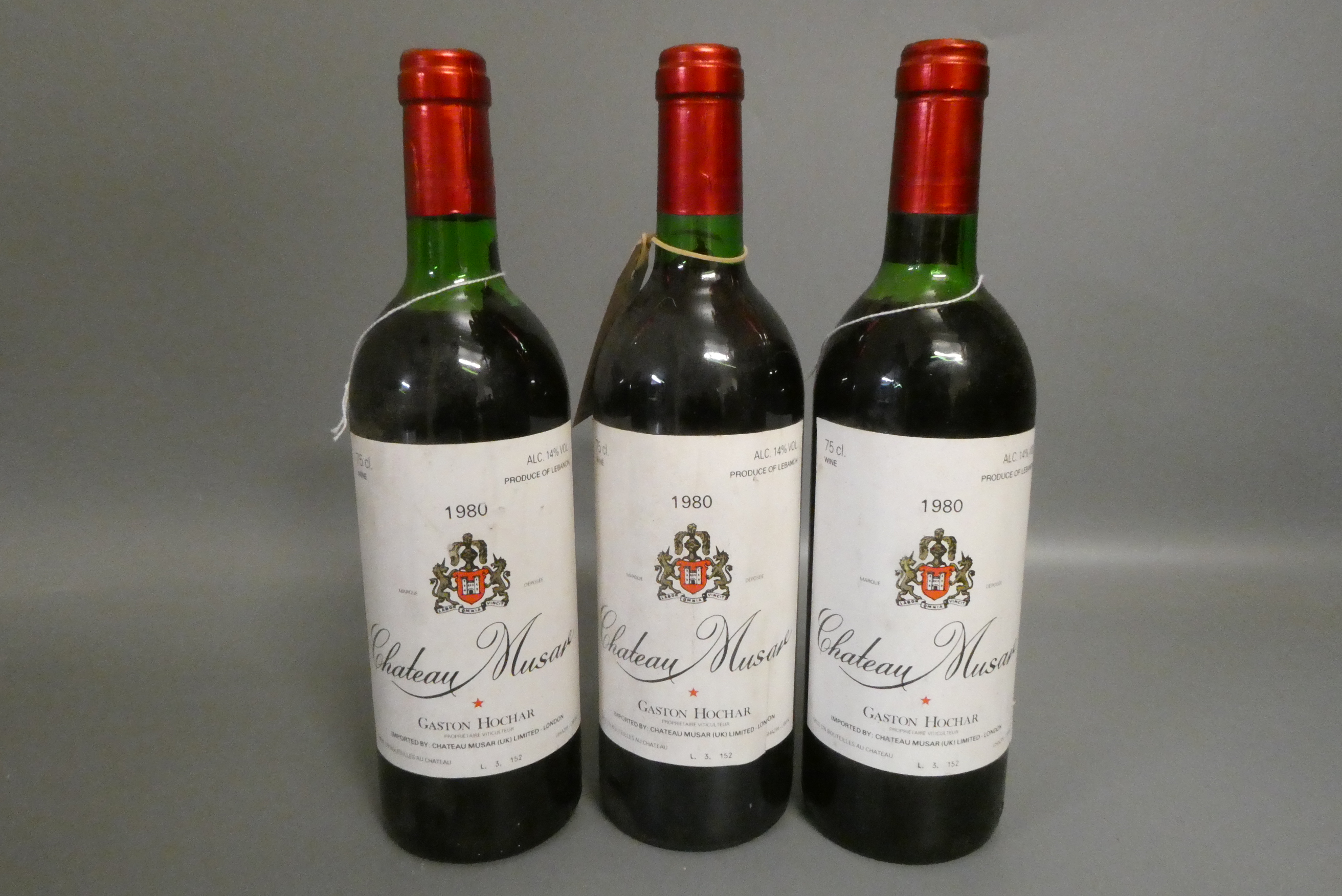Three bottles Chateau Musar, 1980, Gaston Hochar (Est. plus 24% premium inc. VAT) Image