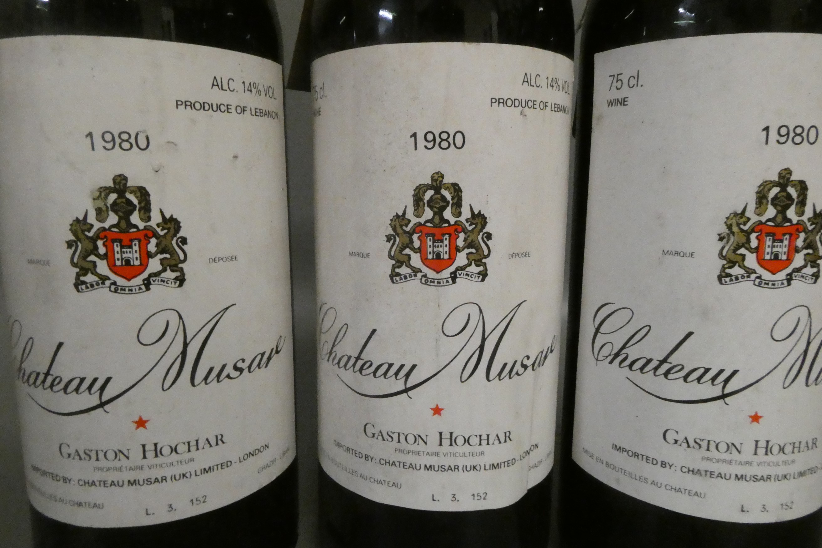 Three bottles Chateau Musar, 1980, Gaston Hochar (Est. plus 24% premium inc. VAT) Image