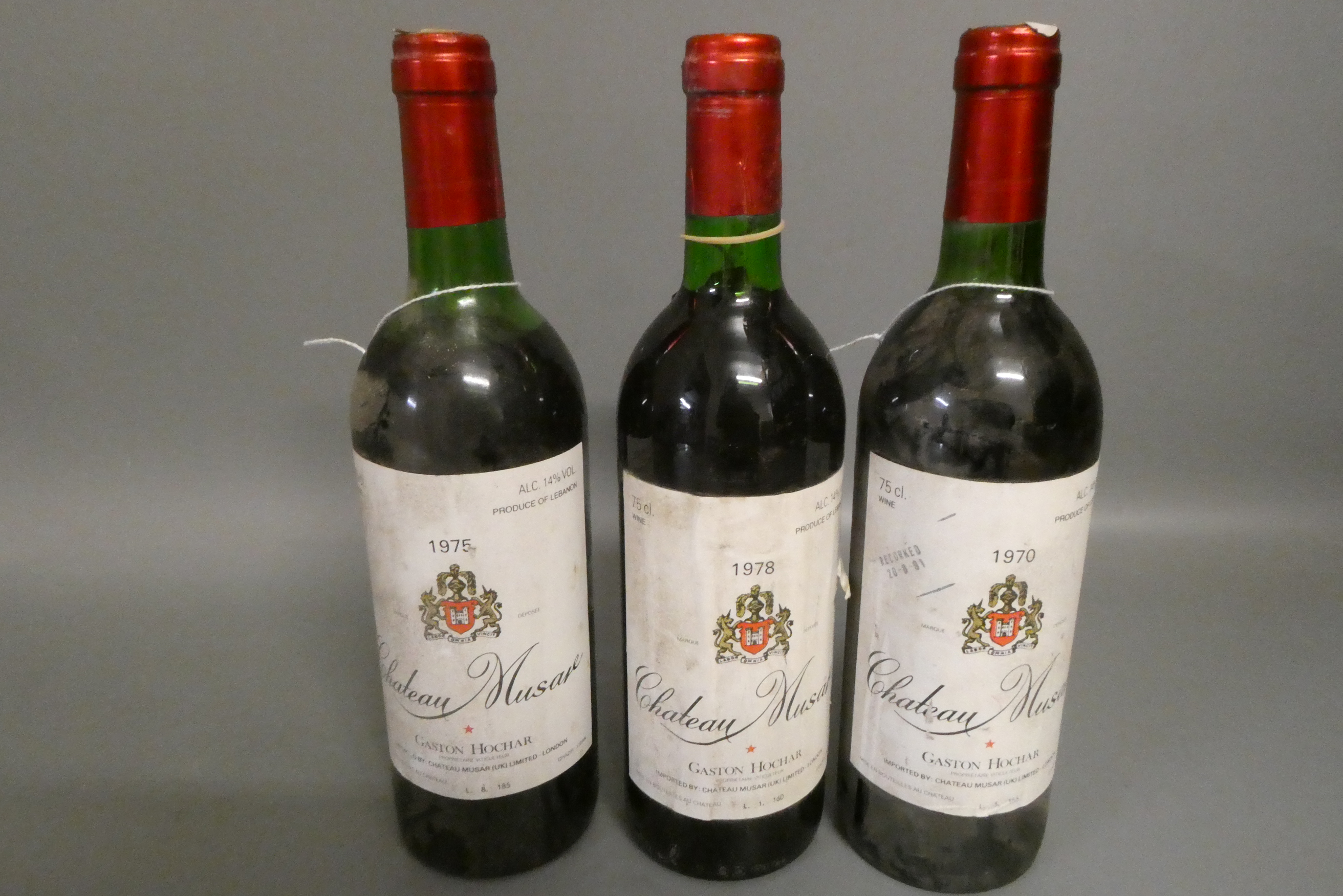 Three bottles Chateau Musar, comprising a 1970, a 1975 and a 1978, Gaston Hochar Image