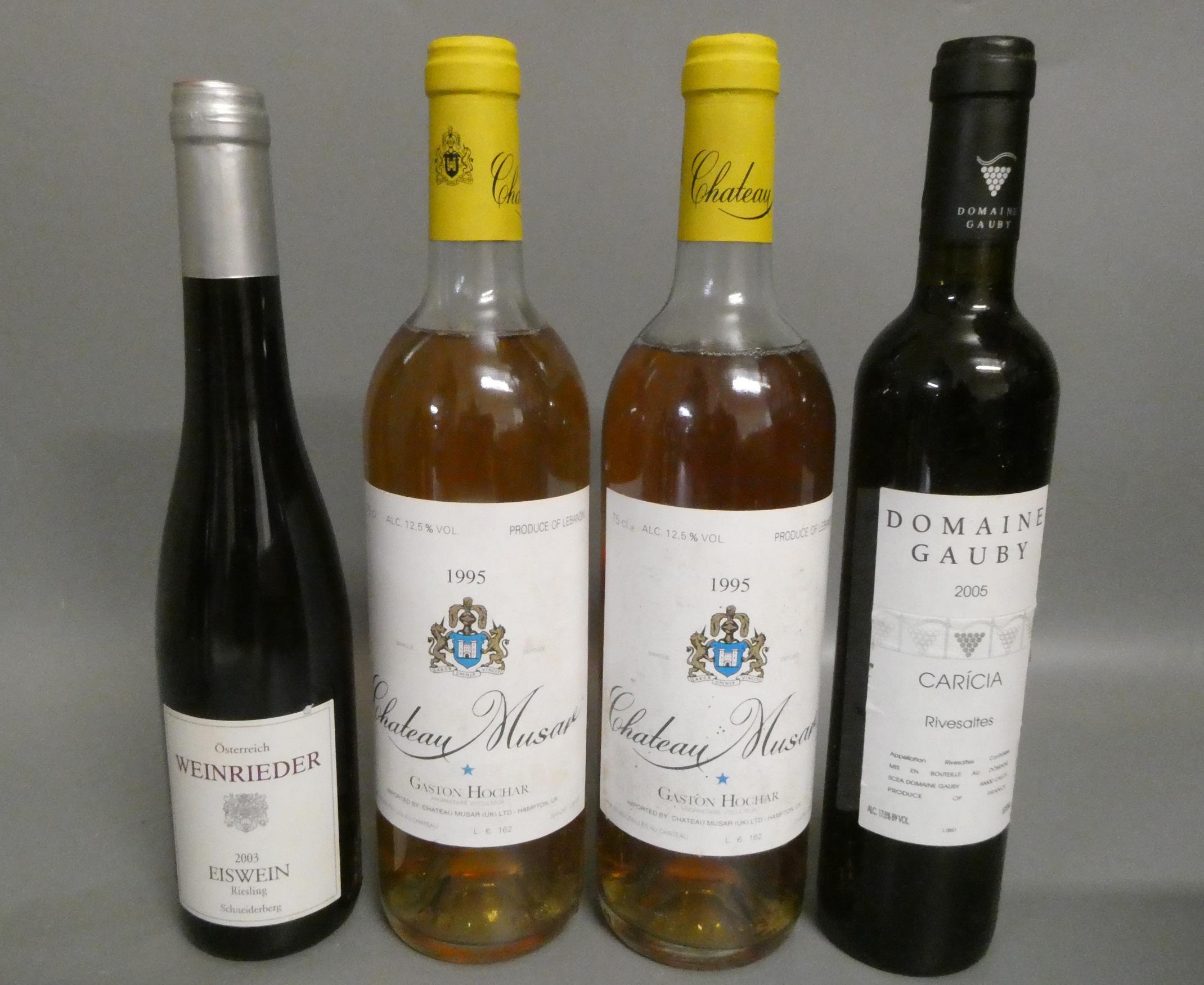 Two bottles Chateau Musar, 1995, Gaston Hochar, together with a 500ml 2005 Domaine Gauby Carcia and Image