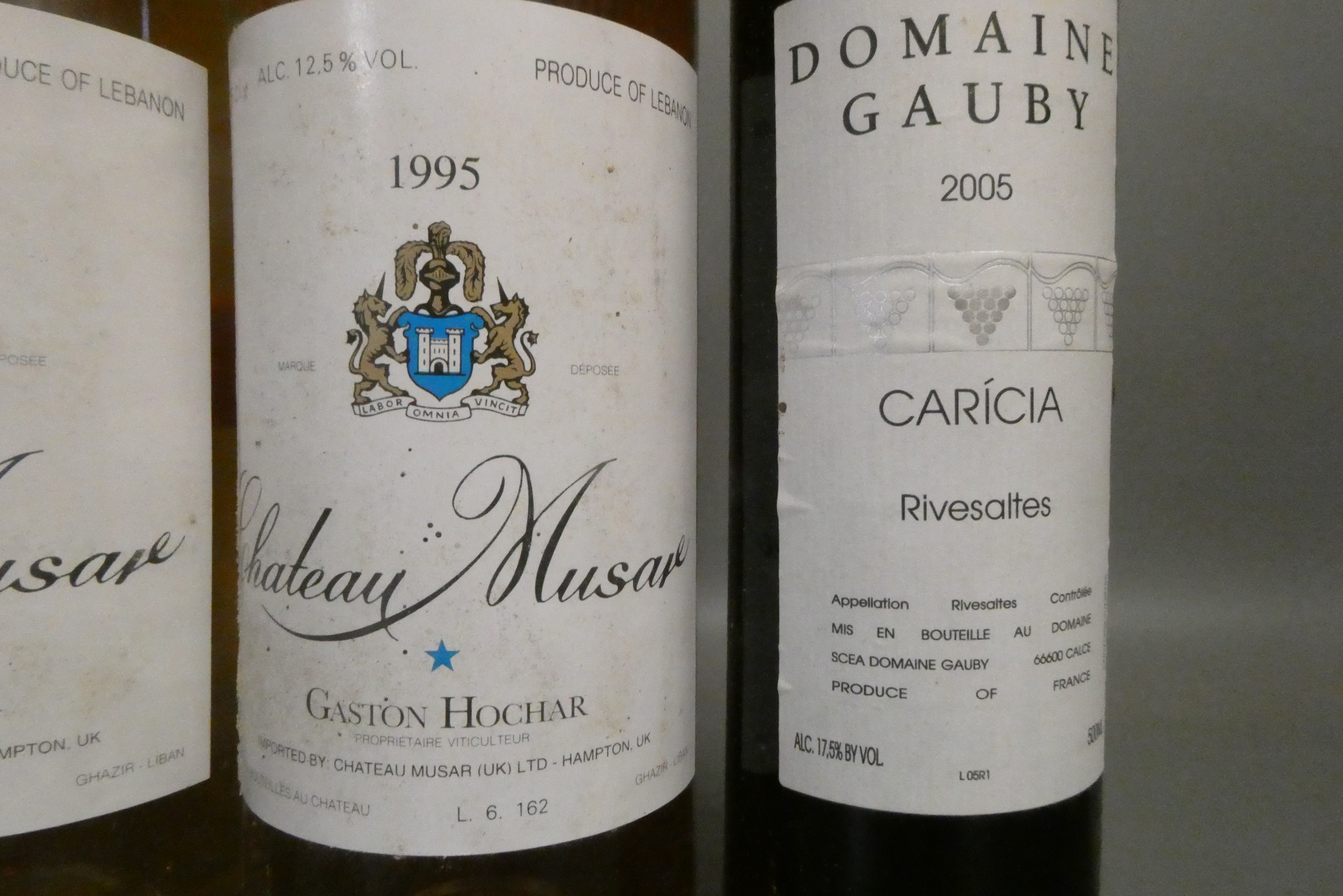 Two bottles Chateau Musar, 1995, Gaston Hochar, together with a 500ml 2005 Domaine Gauby Carcia and Image