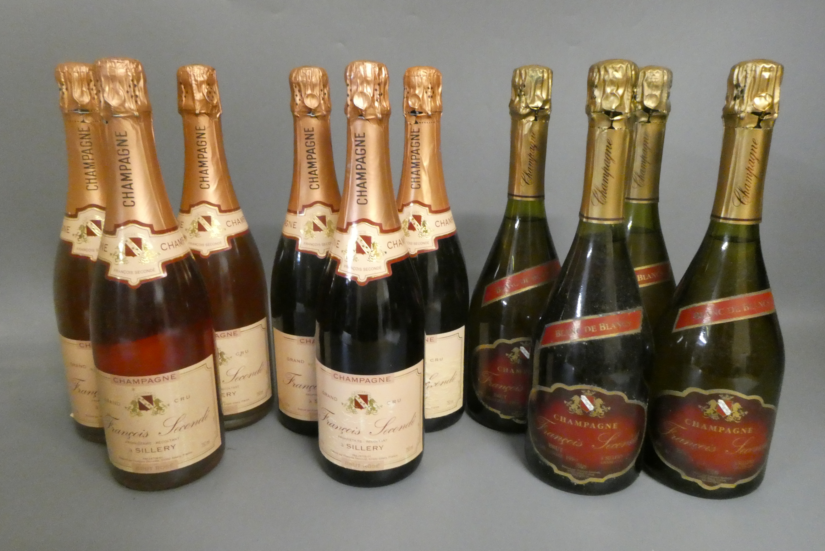 Ten bottles Francois Seconde champagne, comprising six brut rose and four 1990 blanc de blanc brut Image